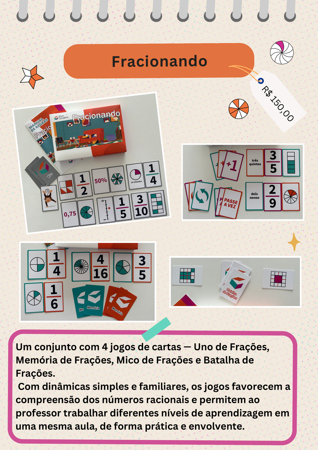 Kit Fracionando com quatro jogos de cartas de frações da Abracaixabra
