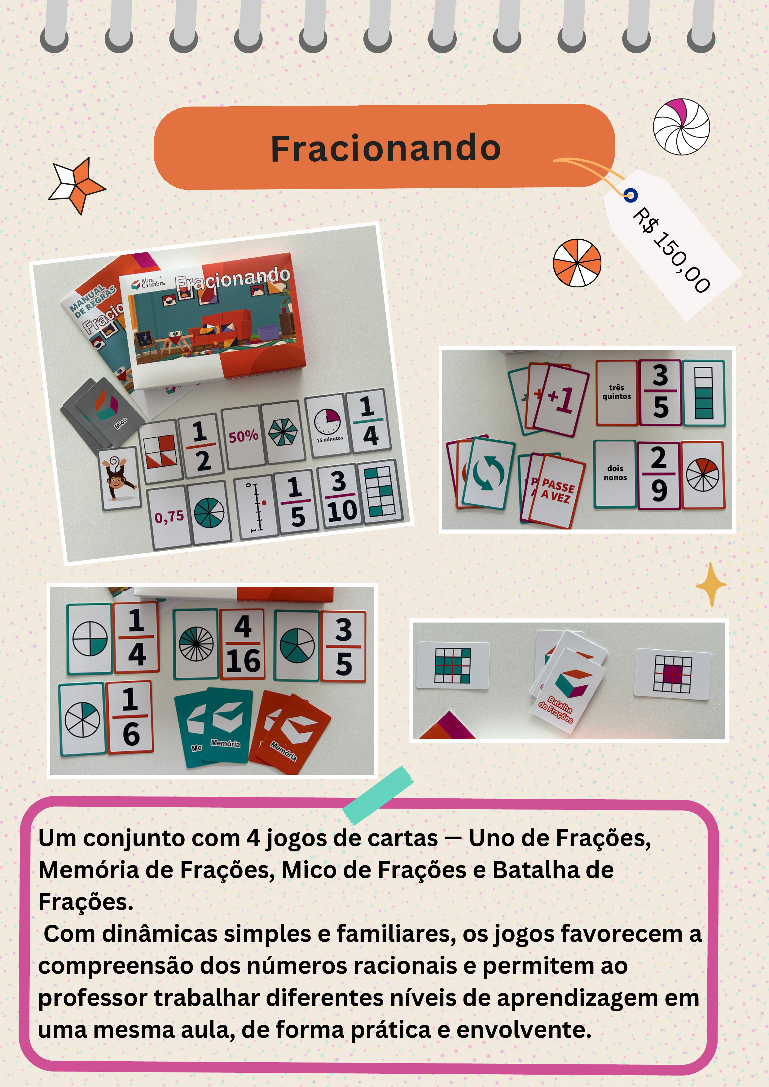 Kit Fracionando com quatro jogos de cartas de frações da Abracaixabra