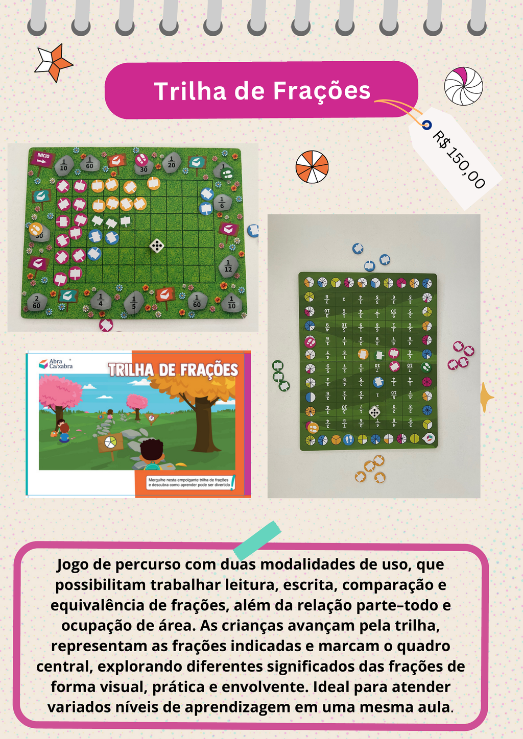 Jogo de percurso Trilhas de Frações da Abracaixabra para ensinar frações
