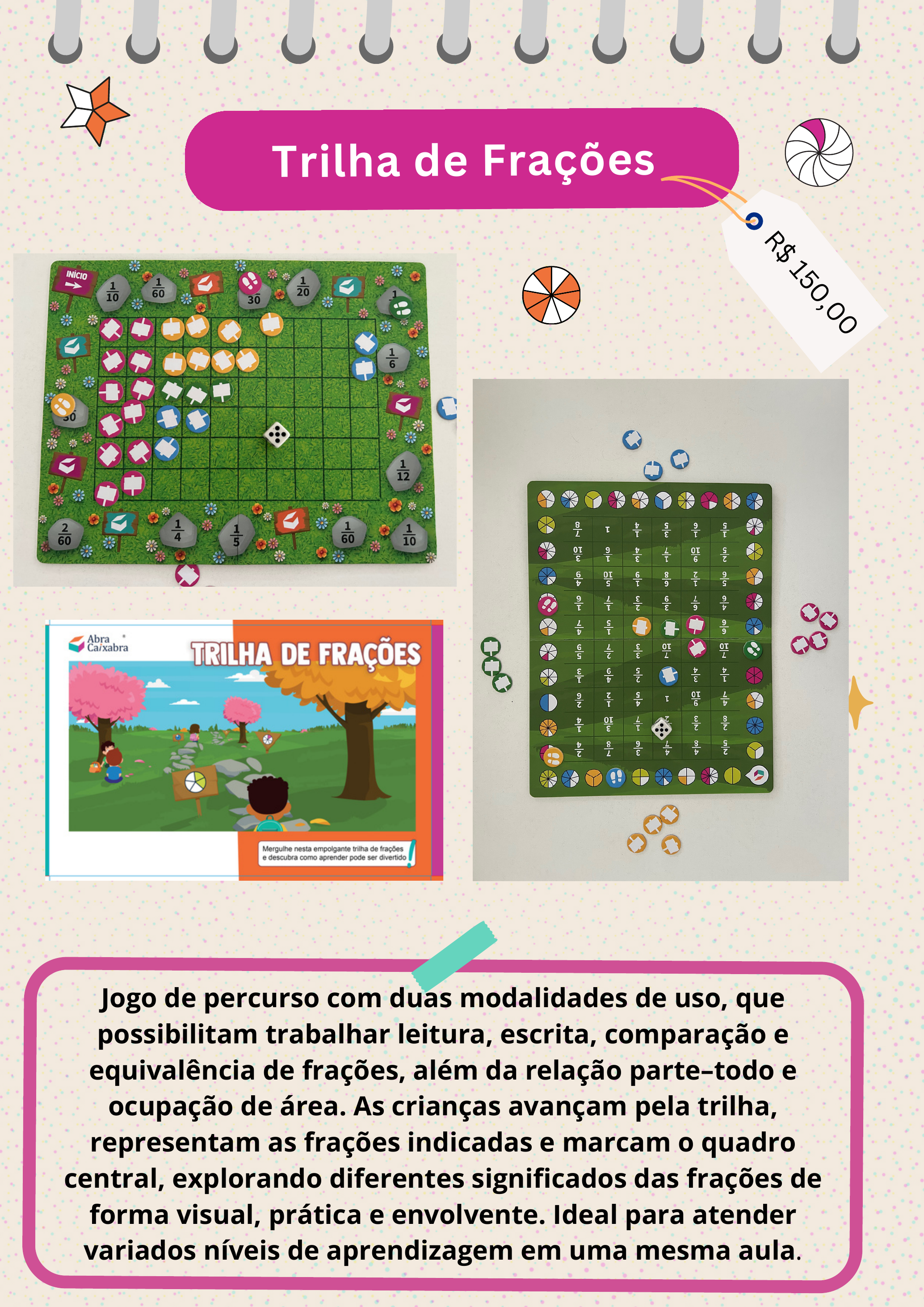 Jogo de percurso Trilhas de Frações da Abracaixabra para ensinar frações