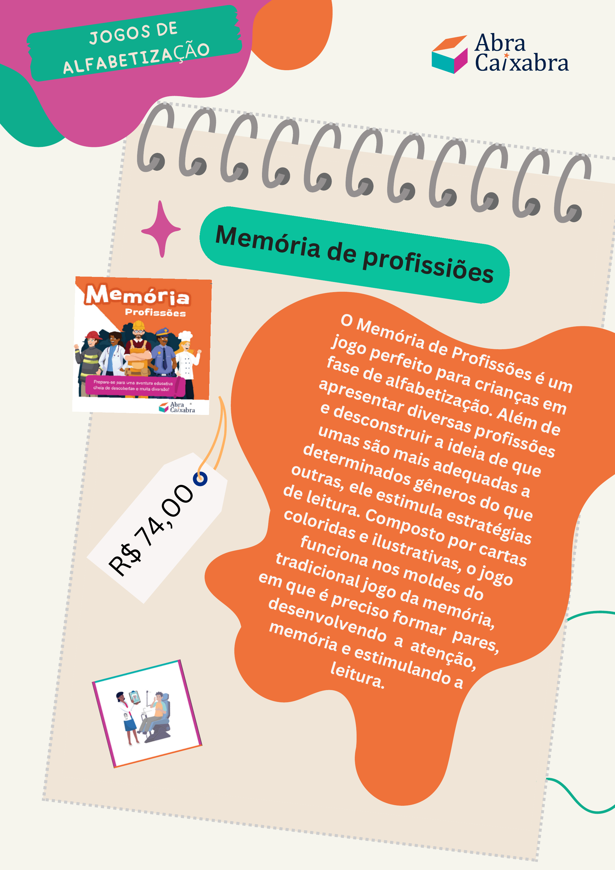 Jogo Memória de Profissões da Abracaixabra para alfabetização e leitura