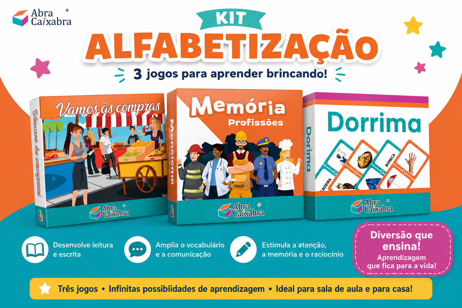 Kit com três jogos de alfabetização da Abracaixabra para crianças